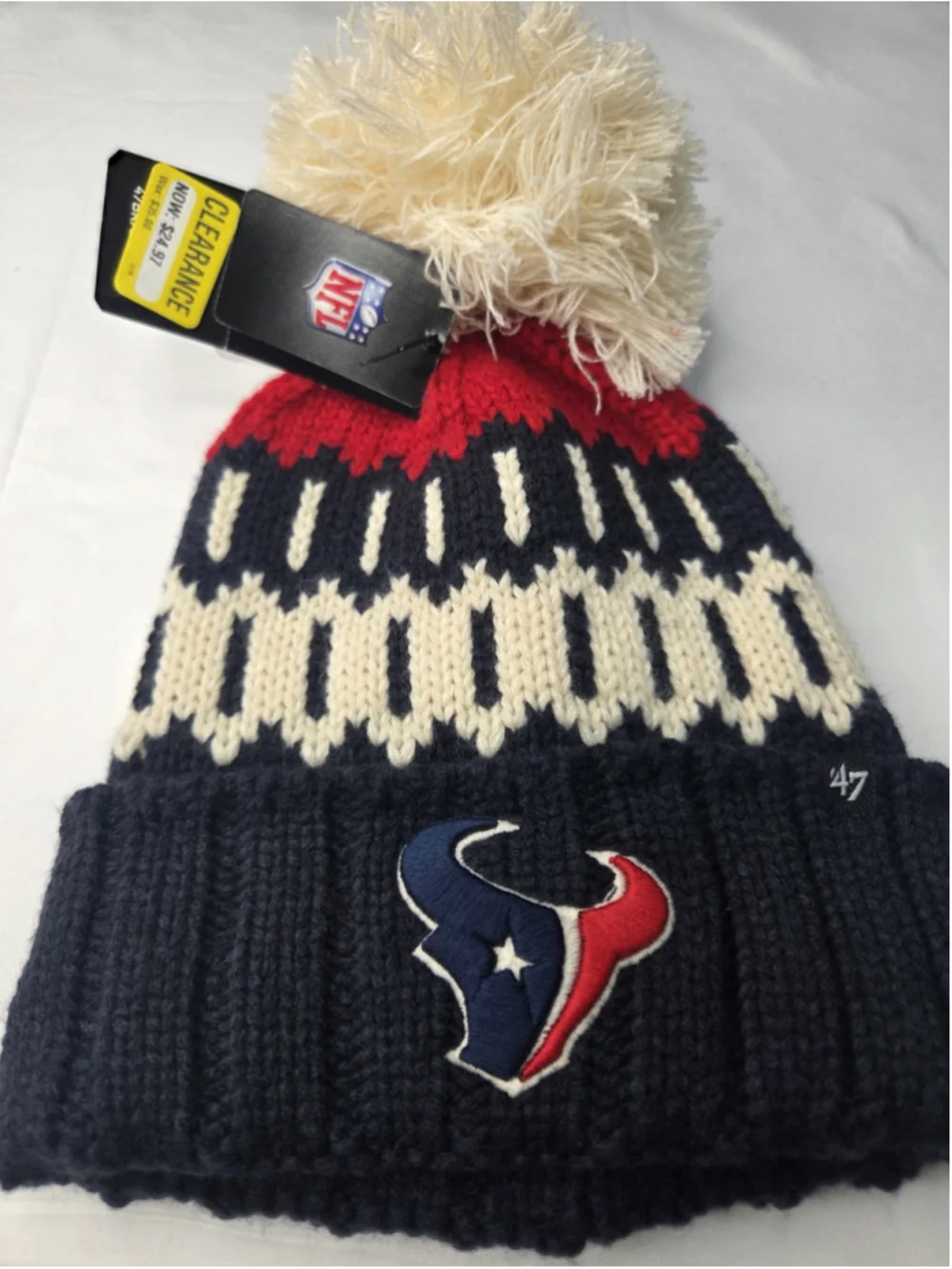 '47 Houston Texans Cuffed Pom Knit Beanie Navy Cream Red NWT New #176